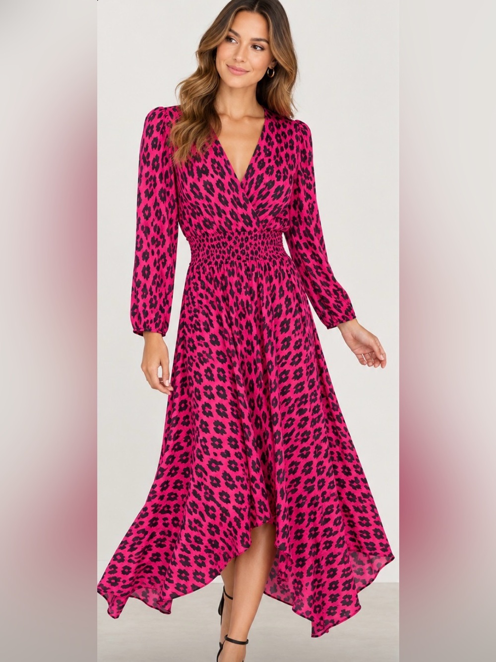 Maje Pink Black Leopard Print Smocked Waist Maxi Dress Size 36